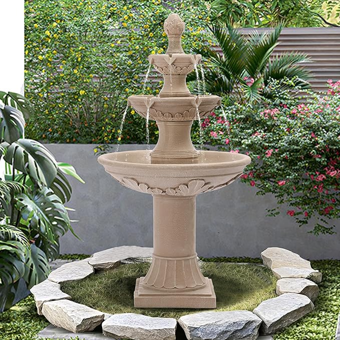 TITIMO 3-Tier Italian Water Fountain Outdoor w/Pump & Pineapple Top, 48.4" H Large Roman Pillar Waterfalls Fountains Indoor, Freestanding Water Feature Fountain for Garden Porch Patio Deck (Tan)