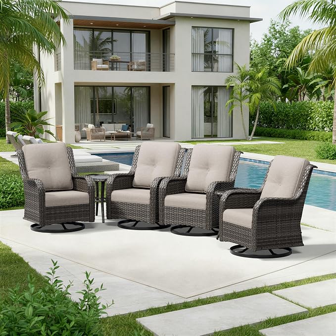 Joyside 6 Piece Wicker Patio Furniture Set, Outdoor Swivel Rocker Patio Chairs with High Back, Deep Seating, Wide Armrest, Thickened Cushions, Outdoor Furniture for Deck, Porch Use