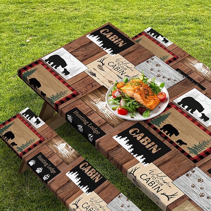 Picnic Table Cover with Bench Covers Elastic Edges, Vintage Camper Fitted Table Cover, Outdoor Patio Camping Essentials 72 Inch 3PCS, Waterproof Camping Fitted Tablecloth with Drawstring Bag