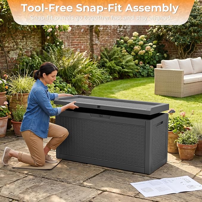 70 Gallon Waterproof Outdoor Storage Box,Deck Boxs for Outdoor and Indoor Use,Deck Storage Box for Picnic Supplies,Gardening Tools,Lockable and Easy to Install(Black)