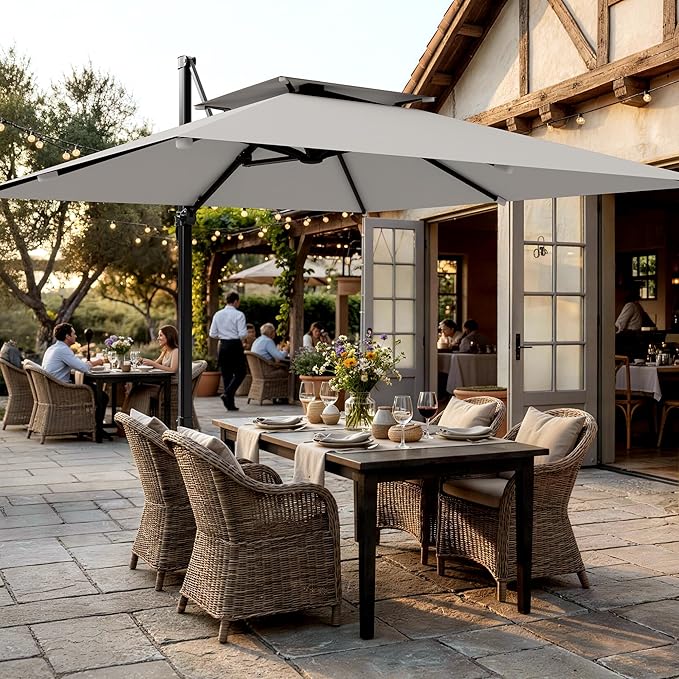 AreShark 10×10FT Double-Top Cantilever Patio Umbrella with Base Included, Offset Umbrella with 360 Degree Rotation, Heavy Duty Patio Umbrella for Garden Deck Pool, 5 Tilt Angles, Light Grey