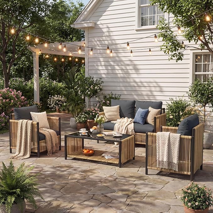 Aluminum Outdoor Patio Furniture Set - 2 Pcs Armchair, Loveseat & Dual-Layer Coffee Table - Rope Sectional Conversation Sofa Sets with Washable Thick Cushion for Garden/Backyard/Porch
