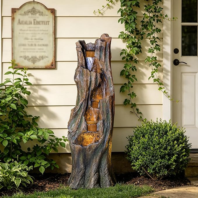 Waterfall Fountain Outdoor Garden Tree Trunk Cascading Water Feature with LED Lights Tall Resin Fountain for Patio Backyard Porch Lawn Relaxing Waterfall Decor 41 Inch