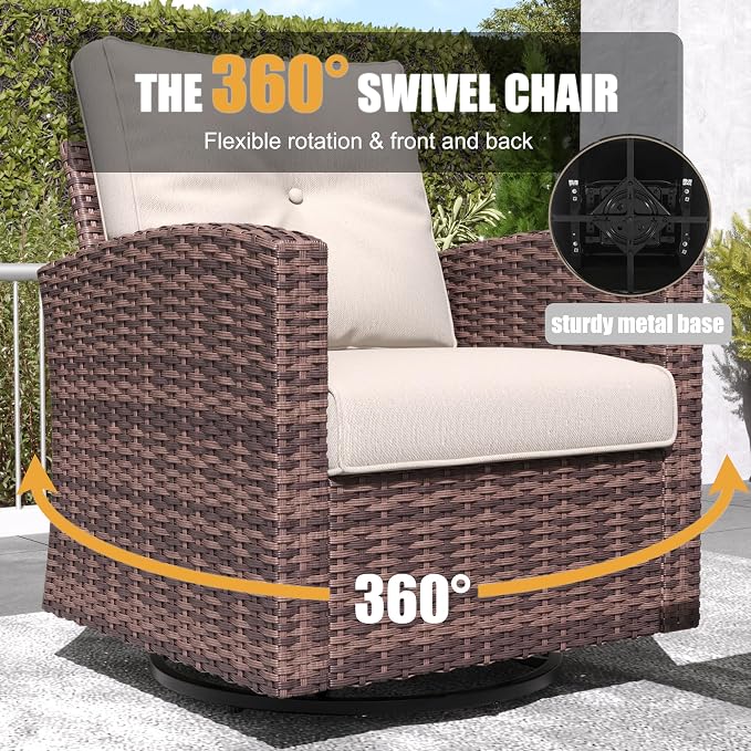 LayinSun 5 Pieces Patio Furniture Set with Swivel Chairs, Rattan Wicker Rocking Glide Chairs with 44" Propane Gas Fire Pit Table Conversation Set