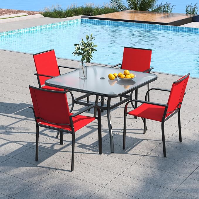 5 Piece Outdoor Patio Dining Set with 37" Square Glass Table, Red Chairs | 4 Piece Stackable Chairs Textilene Seat and Back, Table & Chair with Metal Frame, Square Glass Table Top, 1.7" Umbrella Hole