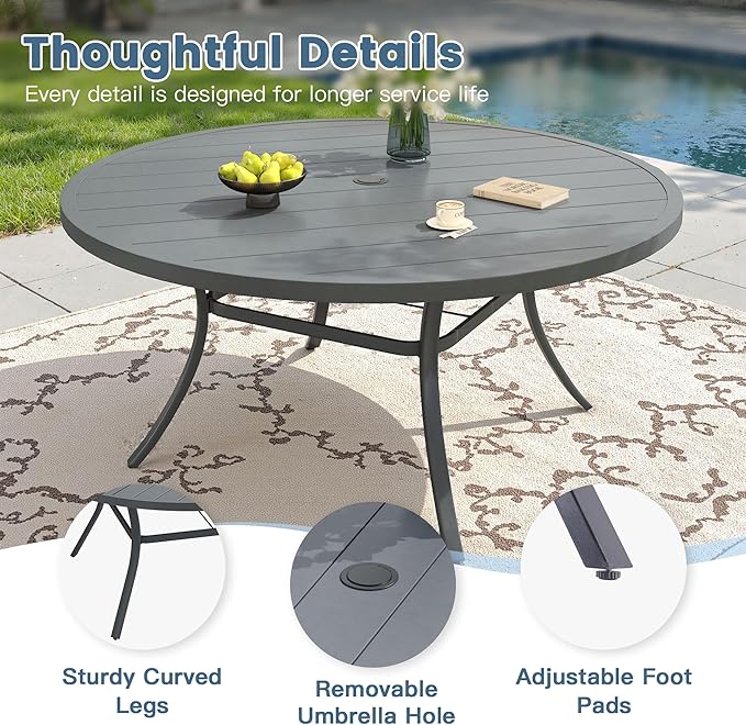 DIFY 9 Piece Outdoor Patio Dining Set for 8, 63" Round Metal Dining Table and Swivel Patio Chairs with Padded Textilene, All-Weather Outdoor Furniture Set for Garden Backyard Porch, Grey
