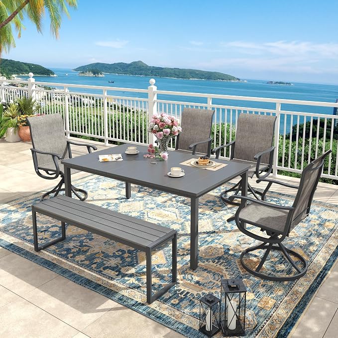 6 Pieces Outdoor Dining Set, Patio Table and Chairs Set with Garden Bench for 6-7 People, 63" Outdoor Dining Table and Swivel Patio Chairs for Deck Backyard, Grey and Dark Grey