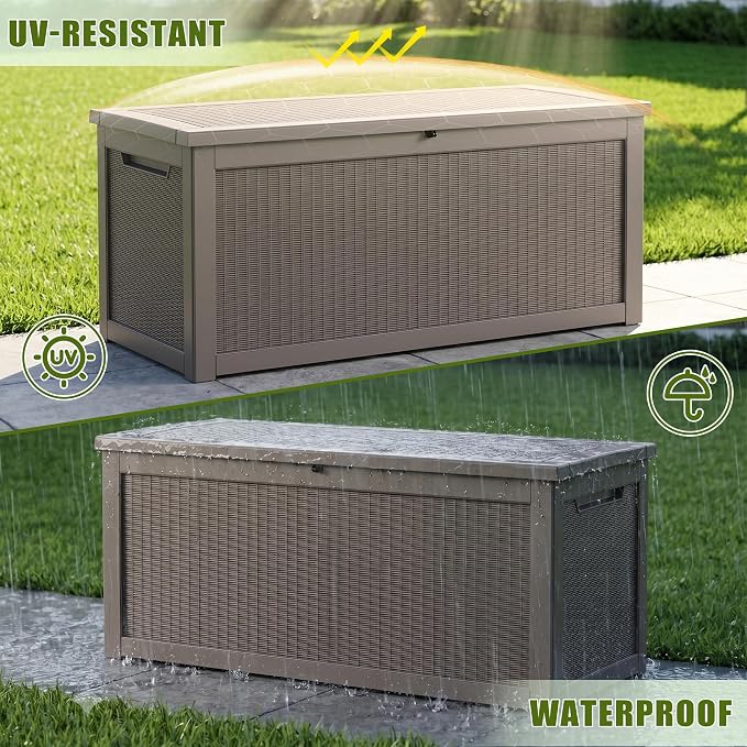 320 Gallon Storage Box, Deck Box, Large Storage Box, Waterproof &Resin with Hydraulic Rods Connected, For Patio, Lawn, Outdoor& Indoor Use Grey