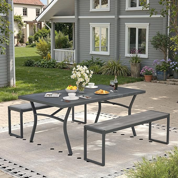 3 Pieces Outdoor Dining Set, 63.1" Patio Dining Table with 2 Outdoor Backless Benches Metal Frame & Faux Wood Seat for Garden Lawn Backyard, Grey