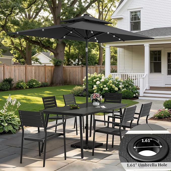 7-Piece Outdoor Dining Set for 6 Person with Black Wood-Grain Top | Armrest Stackable Chairs with 19.4" Seat Depth, Aluminum Frame Dining Furniture with Umbrella Hole for Deck, Porch & Backyard
