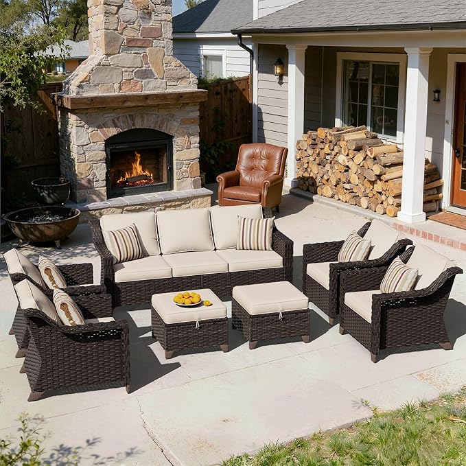 7 Pieces Patio Conversation Furniture Set - 1 Sofa, 2 Ottomans, 4 Armchairs, Outdoor Wicker Furniture with Removable Cushions for Porch, Balcony, Sunroom (Beige)