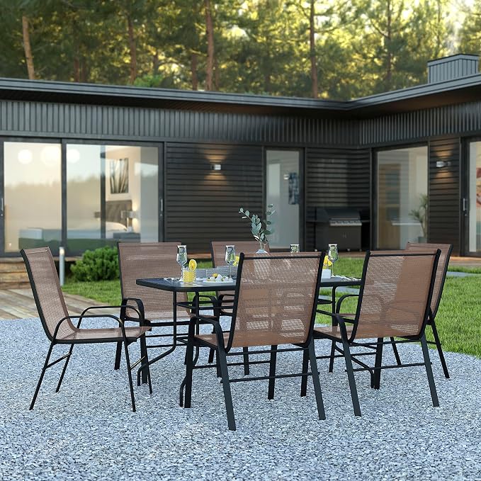 EMMA + OLIVER Seven Piece Indoor/Outdoor Dining Set - Metal Table with Tempered Glass Top - Six Brown Flex Comfort Chairs- Umbrella Hole - All Weather