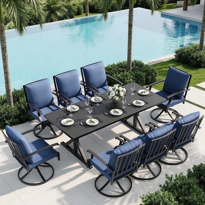 9 Piece Outdoor Dining Set for 8, Metal Patio Table and Chairs with Cushions, Patio Furniture Set with 8 Swivel Chairs, Rectangular Metal Dining Table with Umbrella Hole, Lawn Deck Yard-Navy