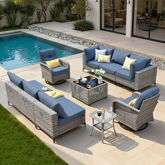 10 Pieces Patio Sectional Furniture Set, Outdoor Wicker Sectional Couch with High Back Swivel Rocker Chairs Solar Lights Table, Modern Conversation Set for Porch Balcony Backyard, Denim Blue