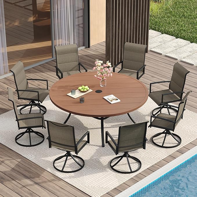 VICLLAX Outdoor Dining Set for 8, Outdoor Furniture Includes 60" Round Patio Table and Swivel Padded Chairs, Walnut Tabletop and Mixed Brown Fabric