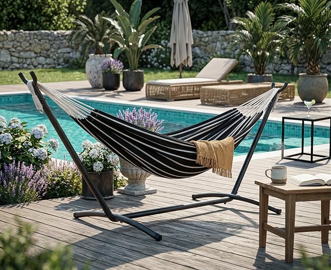 Double Hammock with Stand Included - 2 Person Brazilian Style Portable Hammock Bed - 450 Lbs Capacity Heavy Duty Adjustable Steel Stand for Indoor Outdoor - Weatherproof with Carrying Bag