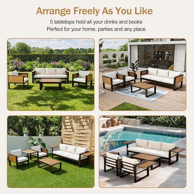 4-Piece Patio Conversation Set, Aluminum Frame Outdoor Patio Furniture Set w/ 3-Seater Sofa, 2 Armchairs with Fold-Out Side Tables, Coffee Table, All-Weather Sectional Sofa Set for Garden Backyard