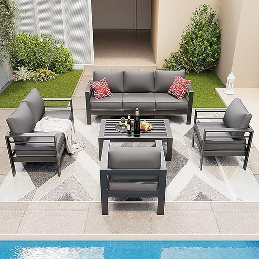 Amopatio Aluminum Patio Furniture Set, 8 Pieces Modern Patio Conversation Sets, Outdoor Sectional Metal Sofa with Coffee Table for Balcony, Garden, Dark Grey (Included Waterproof Covers)