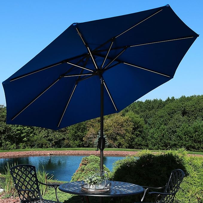 Sunnydaze 9-Foot Sunbrella Tilting Patio Umbrella with Solar LED Light Bars - Pacific Blue