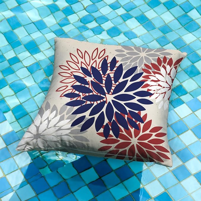 DFXSZ Outdoor Waterproof Pillow Covers 20x20 Set of 2 Blue Red Flower | Spring Summer Waterproof Flower Throw Pillowcases（No Inserts）Decor for 4th of July Patio Funiture Garden Polyester Covers