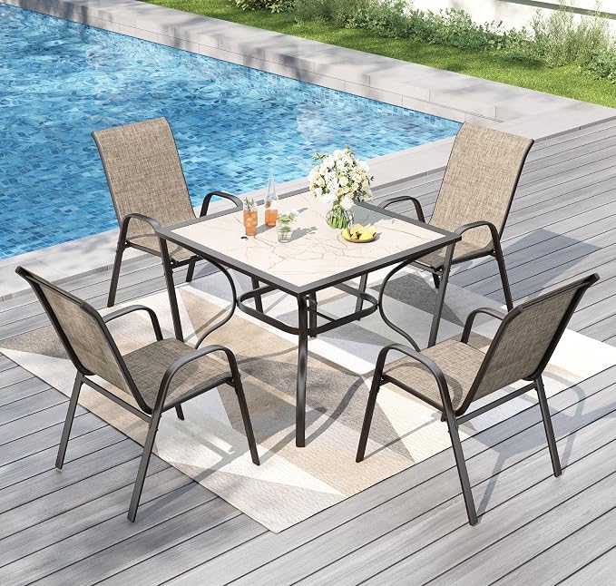 PHI VILLA Patio Dining Set for 4, Stackable Chairs & Carbon Crystal Table | Textilene mesh chairs & 37'' Square Table. E-coated metal frame for outdoor, deck, lawn, garden. Rust-resistant, easy-clean