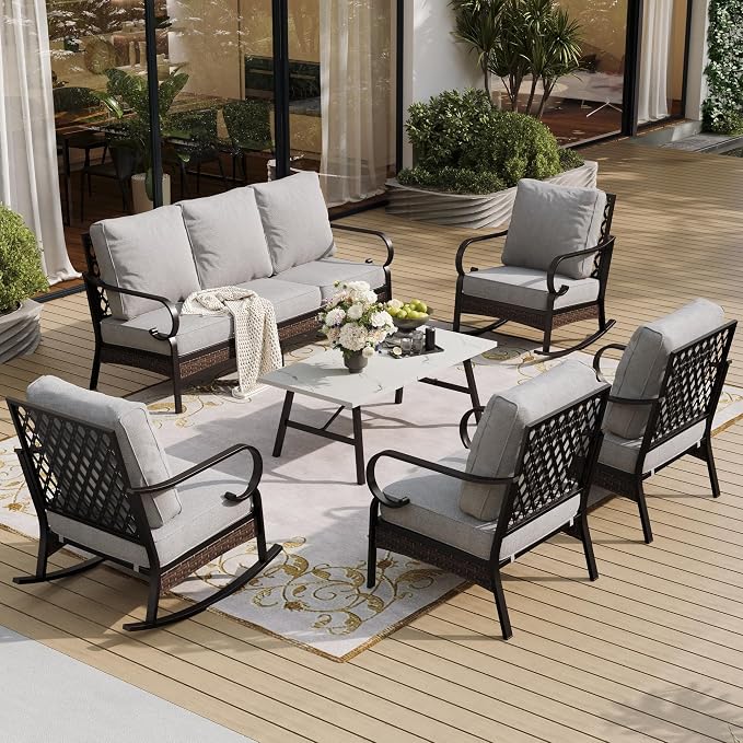 SUNSHINE VALLEY 6 Piece Metal Outdoor Patio Furniture Set, Patio Conversation Set with 1 3-Seater and 2 Fixed Sofas, 2 Rocking Sofas with 5.75" Cushion & Coffee Table, Black and Light Gray
