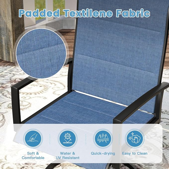 DIFY 7 Piece Outdoor Patio Dining Set for 6, 53" Black Round Metal Dining Table and Swivel Patio Chairs with Blue Padded Textilene, All-Weather Outdoor Furniture Set for Garden Backyard Porch
