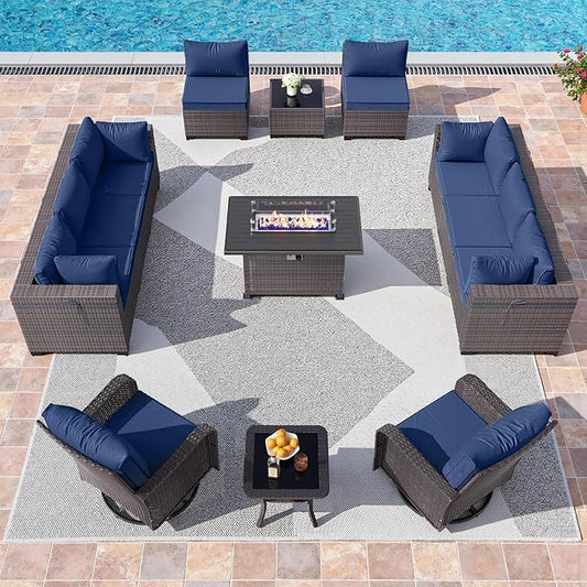 13 Pieces Outdoor Patio Furniture Set,Outdoor Sectional Furniture with 43" 55000 BTU Gas Propane Fire Pit Table,PE Rattan Wicker Patio Conversation Set,Swivel Rocking Chairs Set,Navy Blue