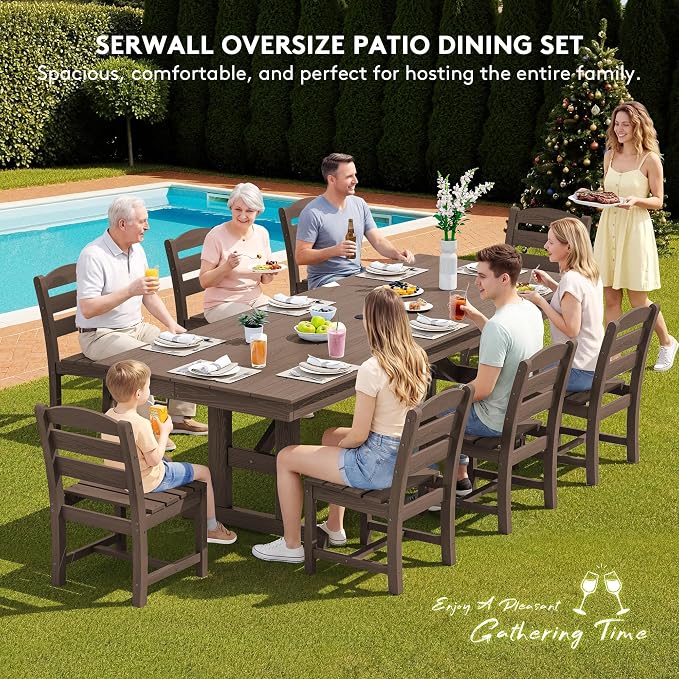SERWALL 10 Piece Outdoor Dining Set with 15ft Triple-Head Foldable Umbrella, 84" HDPE Outdoor Table and Armless Chairs Set for 8，All Weather Patio Furniture Set with Umbrella Hole for Backyard, Brown