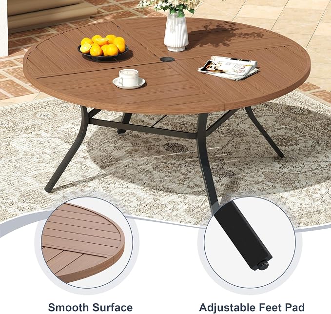 VICLLAX 53" Round Patio Dining Table for 6-8, All Weather Metal Outdoor Table with 1.57" Umbrella Hole and Surdy Frame for Garden Lawn Deck, Walnut