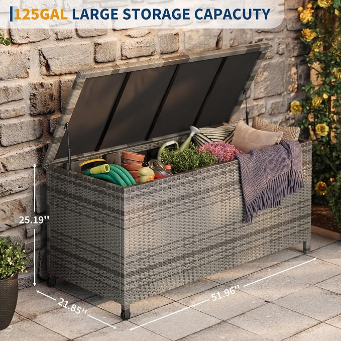TROPOW 125 Gallon Waterproof Outdoor Wicker Deck Box, PE Rattan Storage Bin