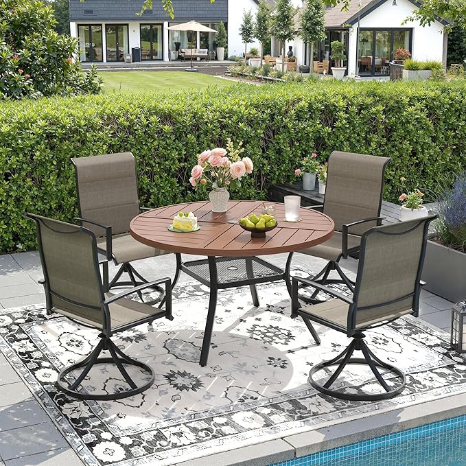 DIFY 5 Piece Outdoor Dining Set, Metal Patio Table and Chairs Set, 40.6" Walnut Round Dining Table & 4 Brown Padded Textilene Swivel Patio Chairs, Outdoor Furniture Set for Garden Backyard Porch