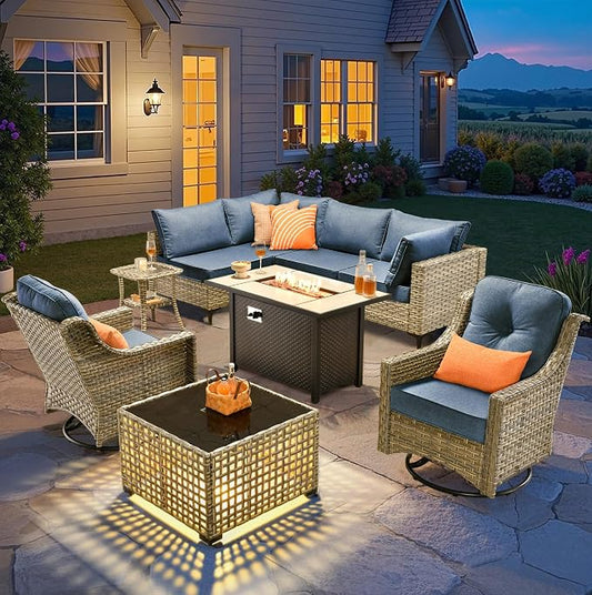 CAODOC 9-Piece Outdoor Sectional Sofa Set w/ 42" Fire Pit – L-Shaped Wicker Patio Furniture, Deep Seating & Swivel Rockers,Light Blue