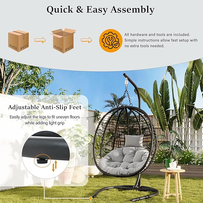 Folding Egg Chair, Outdoor Hanging Hammock Chair with Stand, Patio Wicker Hanging Chair with Iron Frame and Plush Cushion & Removable Headrest for Bedroom, Balcony, Garden (C-BlackGrey)