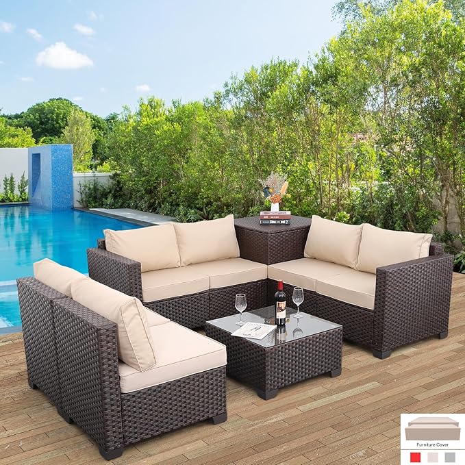 Valita 6 Pieces Wicker Patio Furniture Set Outdoor Sectional Conversation Sofa Set with Storage Bin and Glass Table with Non-Slip Cushions Furniture Covers, Beige