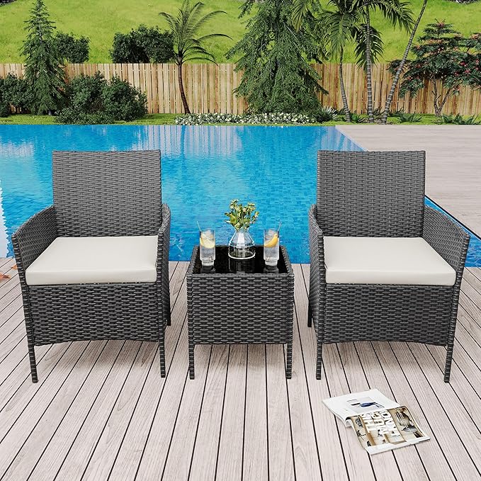 Patio Furniture Set 3 Pieces,Outdoor Patio Conversation Sets, PE Rattan Wicker Furniture Sets with 2 Chairs,Soft Cushion and 1 Coffee Table, Bistro Set of 2 for Backyard Balcony Porch Apartments,Black