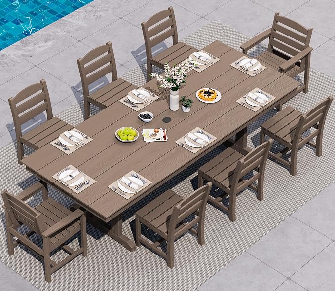 SERWALL 9 Piece Outdoor Dining Set, 84" HDPE Outdoor Table with 6 Armless Chairs and 2 Armchairs ，All Weather Patio Dining Furniture Set with Umbrella Hole for Backyard, Garden, Brown