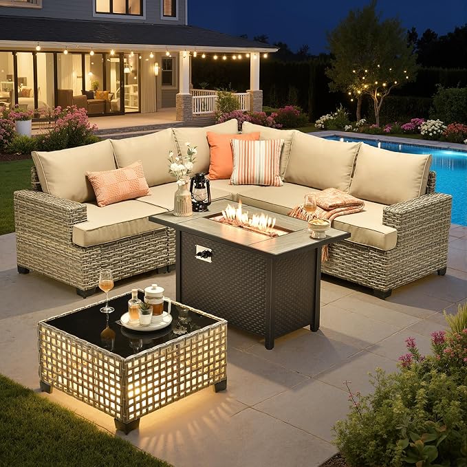 Outdoor Sectional Patio Furniture Set with Fire Pit,7 Pieces Rattan Conversation Sets,Out Door L Shaped Furniture with Glowing Coffee Table,Beige