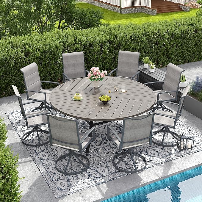 DIFY 9 Piece Outdoor Dining Set, Metal Patio Table and Chairs Set, 63" Grey Wood-Like Round Dining Table & 8 Grey Padded Textilene Swivel Patio Chairs, Outdoor Furniture Set for Garden Backyard
