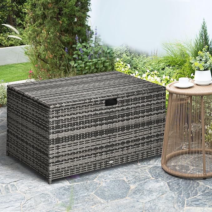 113 Gallon Deck Box, Rattan Outdoor Storage Box, Waterproof Storage Container for Indoor, Patio Furniture Cushions, Pool Supplies, Garden Tools, Dark Gray
