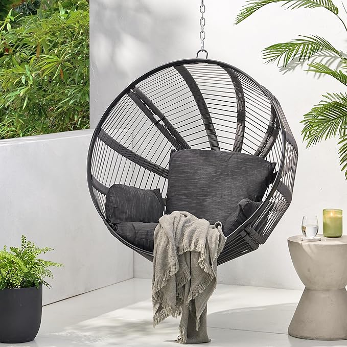 Christopher Knight Home Solis Patio Hanging Chair with 8ft Chain, Round Basket Shape, Rope Weave Hammock, Hanging Reading Sofa, Swing Chairs with Cushion 250lbs for Garden Balcony Yard, Black