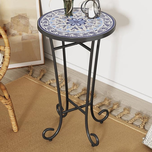 Outdoor Metal Side Table with Ceramic Tile Top Mosaic Patio Side Table and Plant Stand Tables, Round Side End Tables for Yard Porch Balcony Garden, Daisy Purple