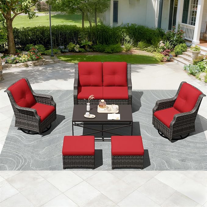 Outdoor Patio Furniture Set, 6 Piece Wicker Patio Furniture with Thick Cushions, Curved Armrest, Deep Seating, Outdoor Swivel Rocker Chairs for Porch, Deck, Balcony