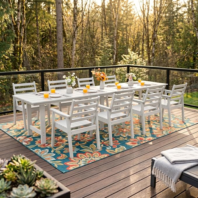 10-Piece Outdoor Dining Set, All-Weather HDPE Patio Furniture, Two 66.5" Slatted Table with 1.6" Umbrella Hole & 8 Ergonomic Armchairs, Heavy Duty 350lbs Capacity, UV Resistant, White