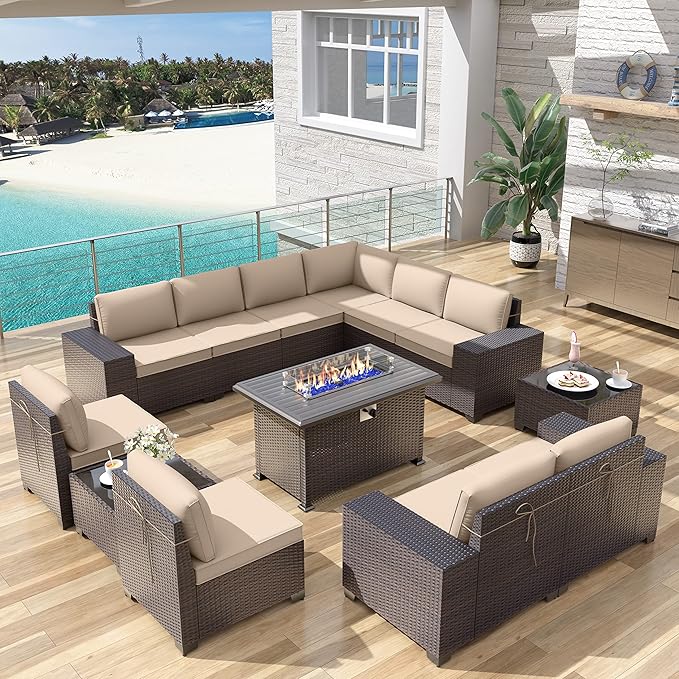 Patio Furniture Sectional Sofa Set 13PCS PE Rattan Patio Conversation Set w/43in Gas Fire Pit Table, Outdoor Furniture with 55000 BTU Propane Fire Pit, Sand