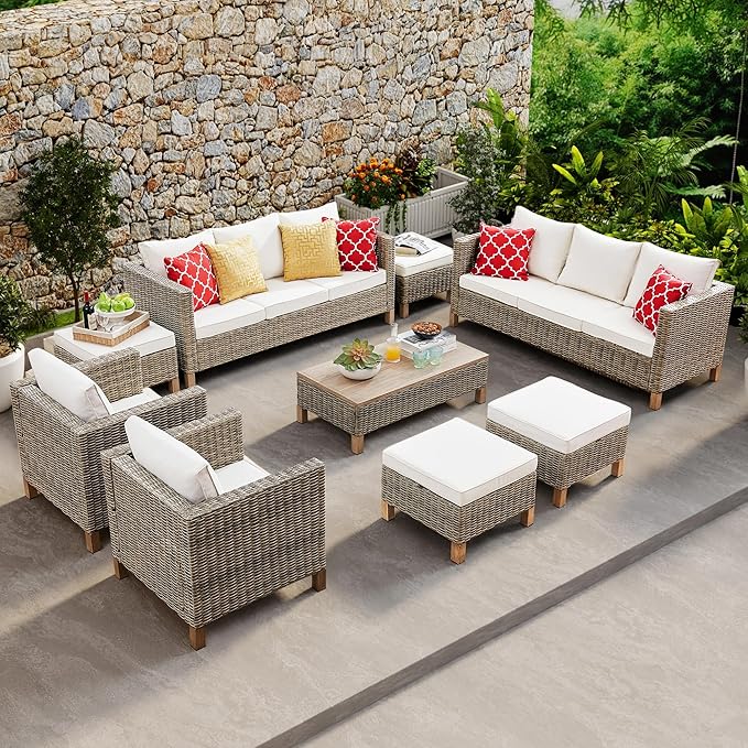 9 Pieces Outdoor Patio Furniture Sets, Wicker All Weather Sectional Sofa with Metal Top Coffee Table, Rattan Conversation Set, Couch Furniture for Backyard, Garden, Porch, Poolside, Beige Cushions