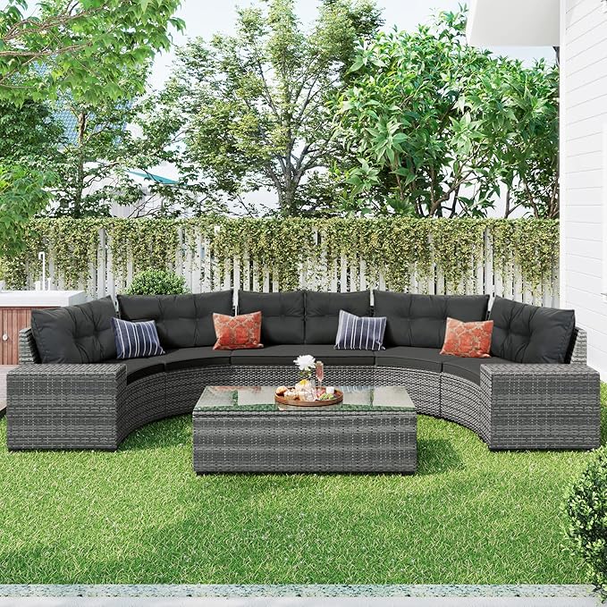 8-Piece Half-Moon Curved Outdoor Sofa Set, Outdoor All-Weather Wicker Patio Conversation Set with Coffee Table Curved Garden Patio Furniture Set with Movable Cushion and Pillows for Pool Backyard,Grey