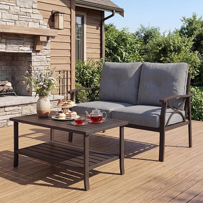 FansaFurn 2-Pieces Outdoor Patio Furniture Set, Outdoor Metal Sectional Furniture with Cushions, Outdoor Conversation Set with Coffee Table for Deck, Backyard, Garden, Balcony, Grey