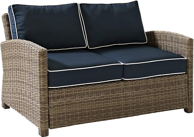 Crosley Furniture Bradenton 5-Piece Outdoor Loveseat Patio Furniture Set, Wicker Conversation Sets for Porch, Brown with Navy Cushions