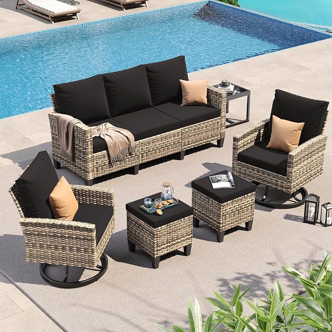 UDPATIO Patio Furniture Set, 6 Pieces Outdoor Conversation Sets with Swivel Chairs, All-Weather Wicker Rattan Patio Sofa with Ottomans and Glass Side Table for Backyard, Deck, Porch, Black/Yellow